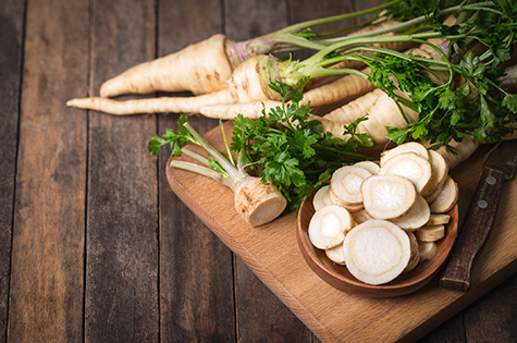 Fresh parsley root on the wooden table