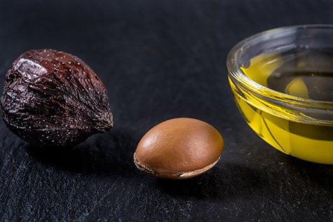 Argan seed and fruit with argan oil