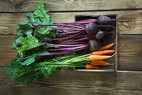Harvest fresh carrot and beetroot on old wooden board. Top view, rustic style. Autumn still life. Copy space.
