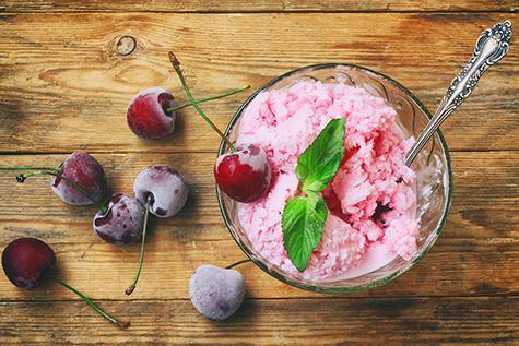 Homemade yogurt ice cream, with cherry, mint leaves