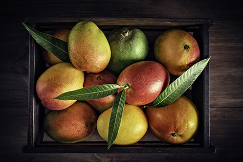 Tropical fruits: Wooden crate with assorted mangos in rustic kitchen. Natural lighting