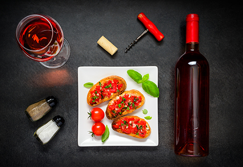 Bruschetta with Rose Wine Glass and Bottle