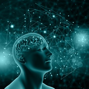 3D male figure with brain on background with connecting dots and lines