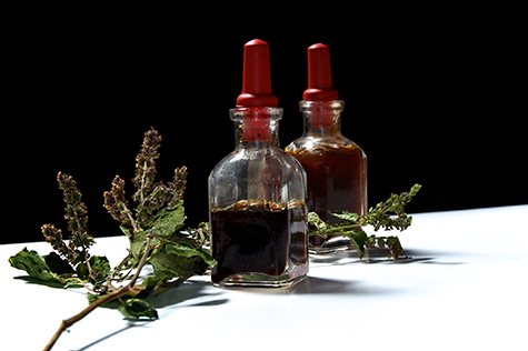 two glass bottles with herbal extracts and dried patchouli floewrs