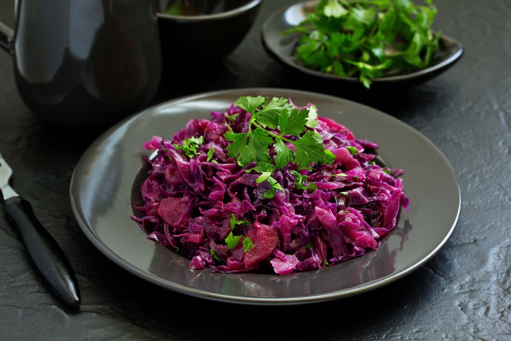 Salad of red cabbage stew with apples, a dish of a New Year's table.