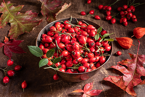 Fresh rose hips in a bowl on a table