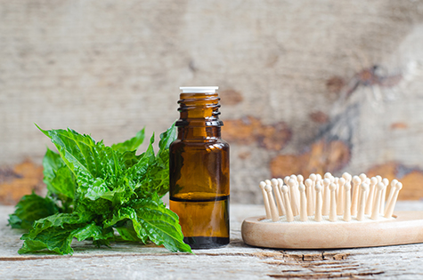 Small bottle with essential mint oil and wooden hair brush on the old wooden background. Fresh spermint leaves close up. Aromatherapy, spa and herbal medicine ingredients. Copy space