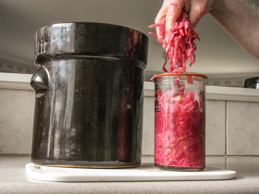 Transferring Probiotic Sauerkraut From Crock To Storage Jar
