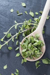 Cutted Oregano on a wooden spoon
